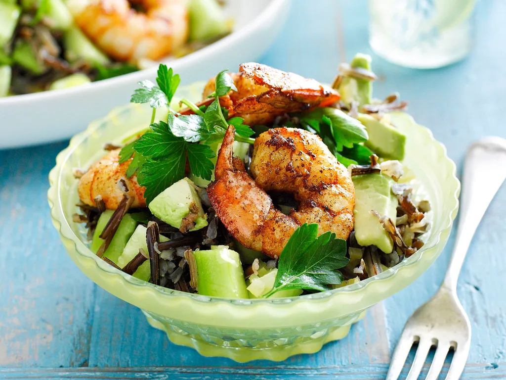 Prawn salad with cucumber, preserved lemon and wild rice