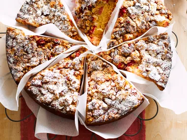 Rhubarb crumble cake cut into slices