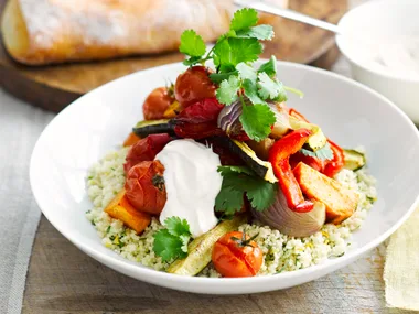 Roasted Vegetables with couscous and spiced yogurt