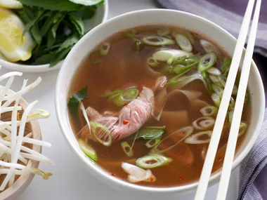 Asian beef and rice noodle soup