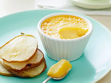 Baked Caramel Custards with Roasted Pears