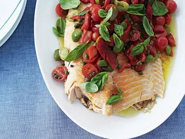 Barbecued Salmon with Capsicum and Olive Salsa