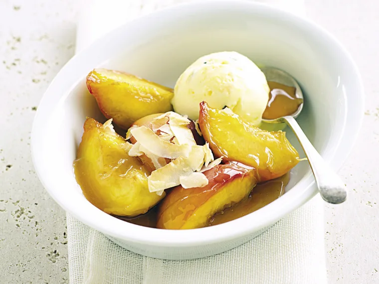 CARAMELISED PEACHES WITH COCONUT