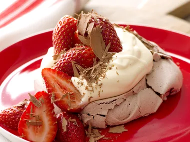 Chocolate Pavlovas with Strawberry Compote