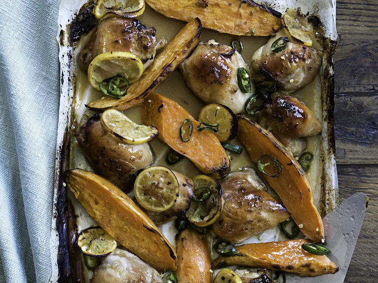 HONEY AND GINGER BAKED CHICKEN WITH KUMARA