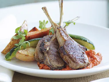 LAMB CUTLETS WITH CAPSICUM SAUCE AND WEDGES