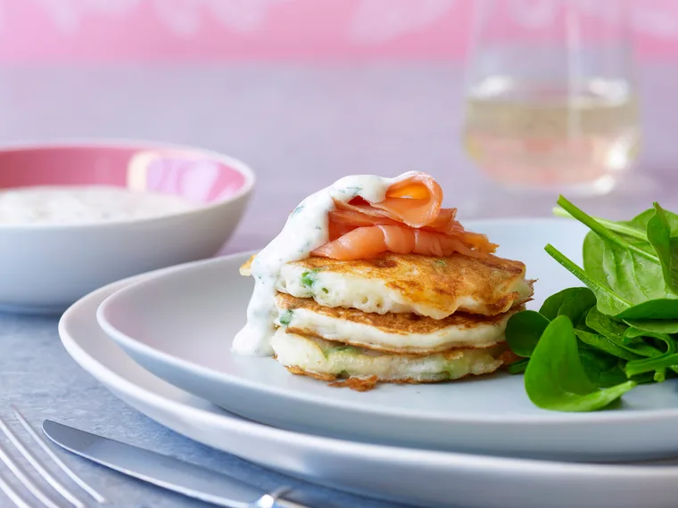 mixed vegetable fritters with smoked salmon