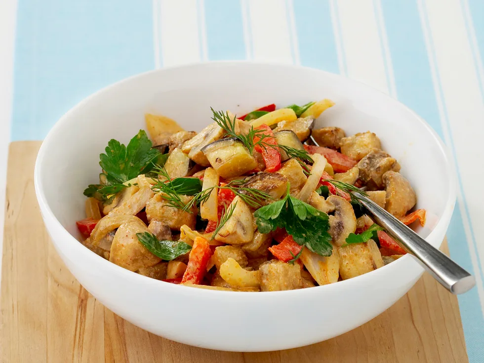 Mushroom and eggplant stroganoff