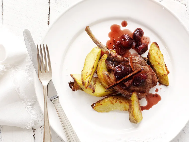 pork cutlets with roasted cherries