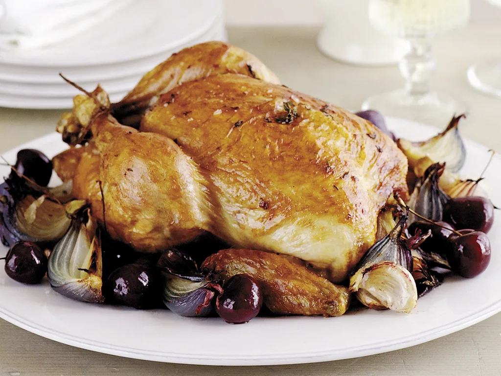 Roast Chicken with Red Onion, Garlic and Cherries