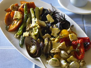 Roasted vegetables with blue cheese and walnuts