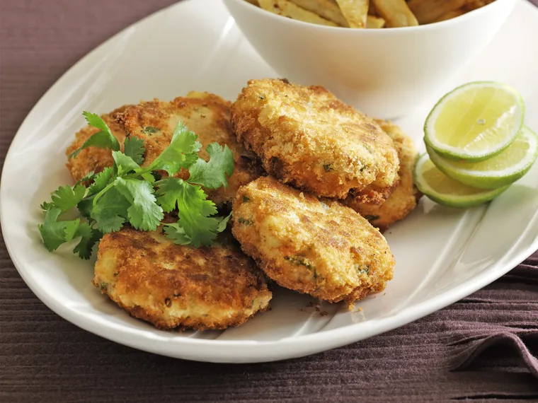 Salmon Cakes with Chilli Salt Chips