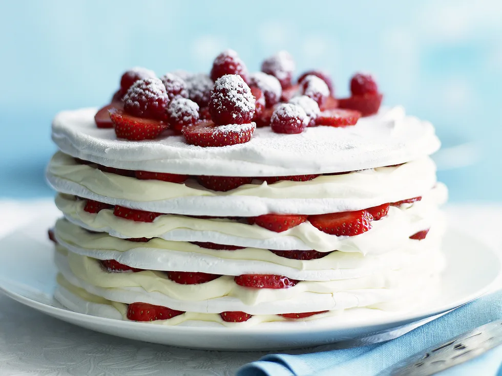 strawberries and cream meringue cake