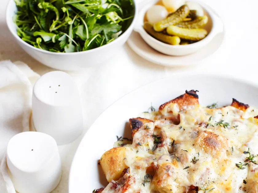 Raclette with Smoked Bacon and Fine Herb Salad