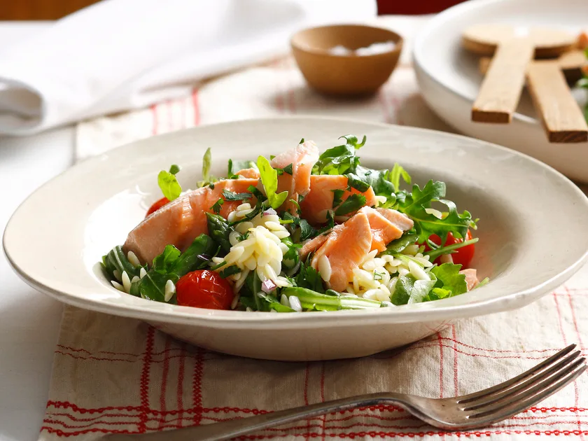 Poached Salmon with Asparagus, Rocket, and Risoni Salad