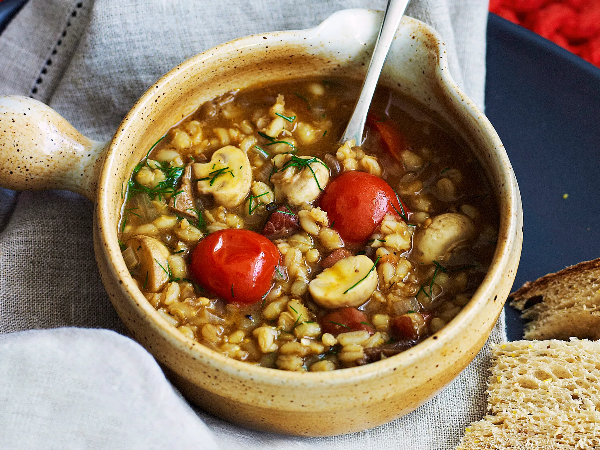 Porcini, pancetta and barley soup with dill