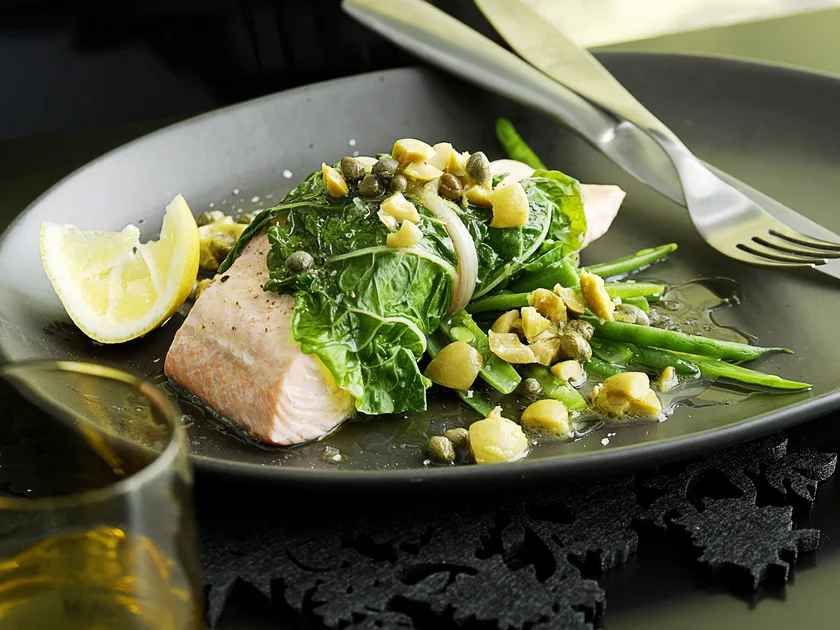 Steamed Salmon in Silverbeet with Lemon and Olive Sauce