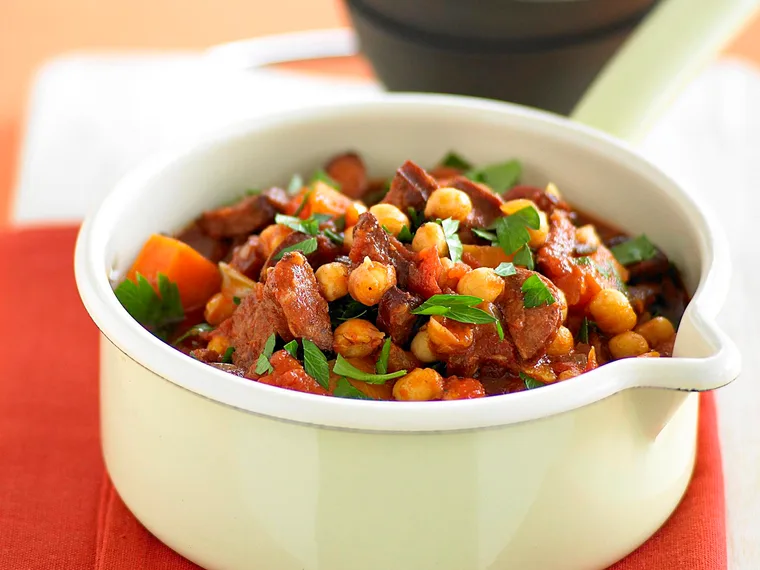 tomato, chorizo and sweet potato hotpot