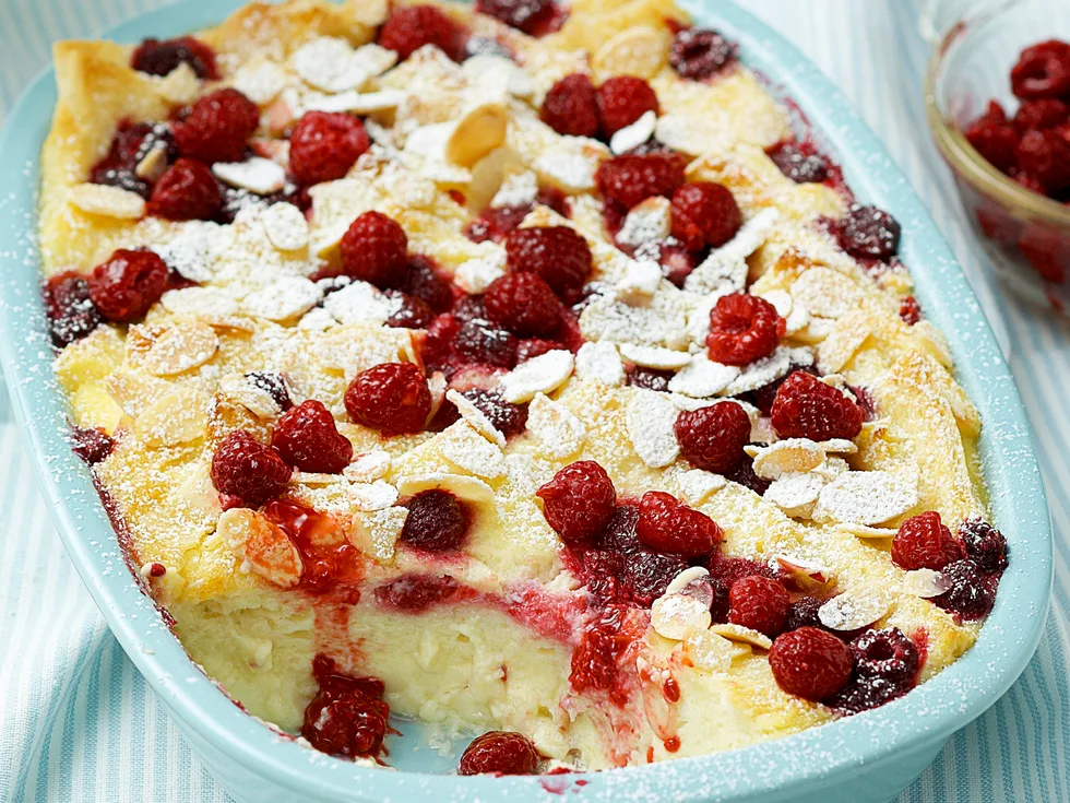 Raspberry bread and butter pudding