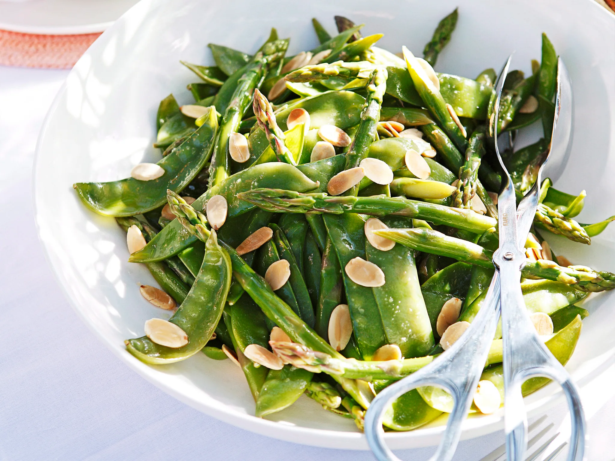 Asparagus, snow pea and almond salad