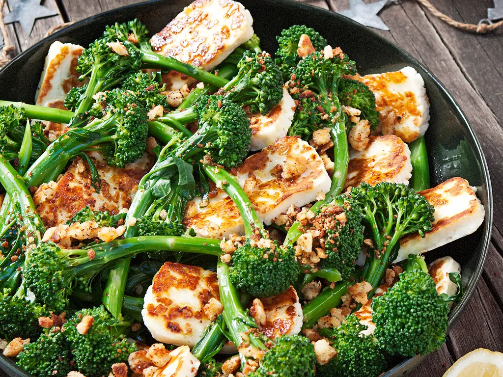 Haloumi, broccolini and lemon salad with gluten-free crumb