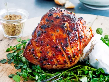 Maple, mustard and orange glazed ham