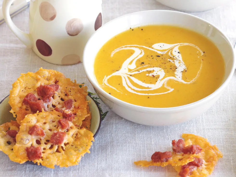 Parsnip and swede soup with parmesan crisps