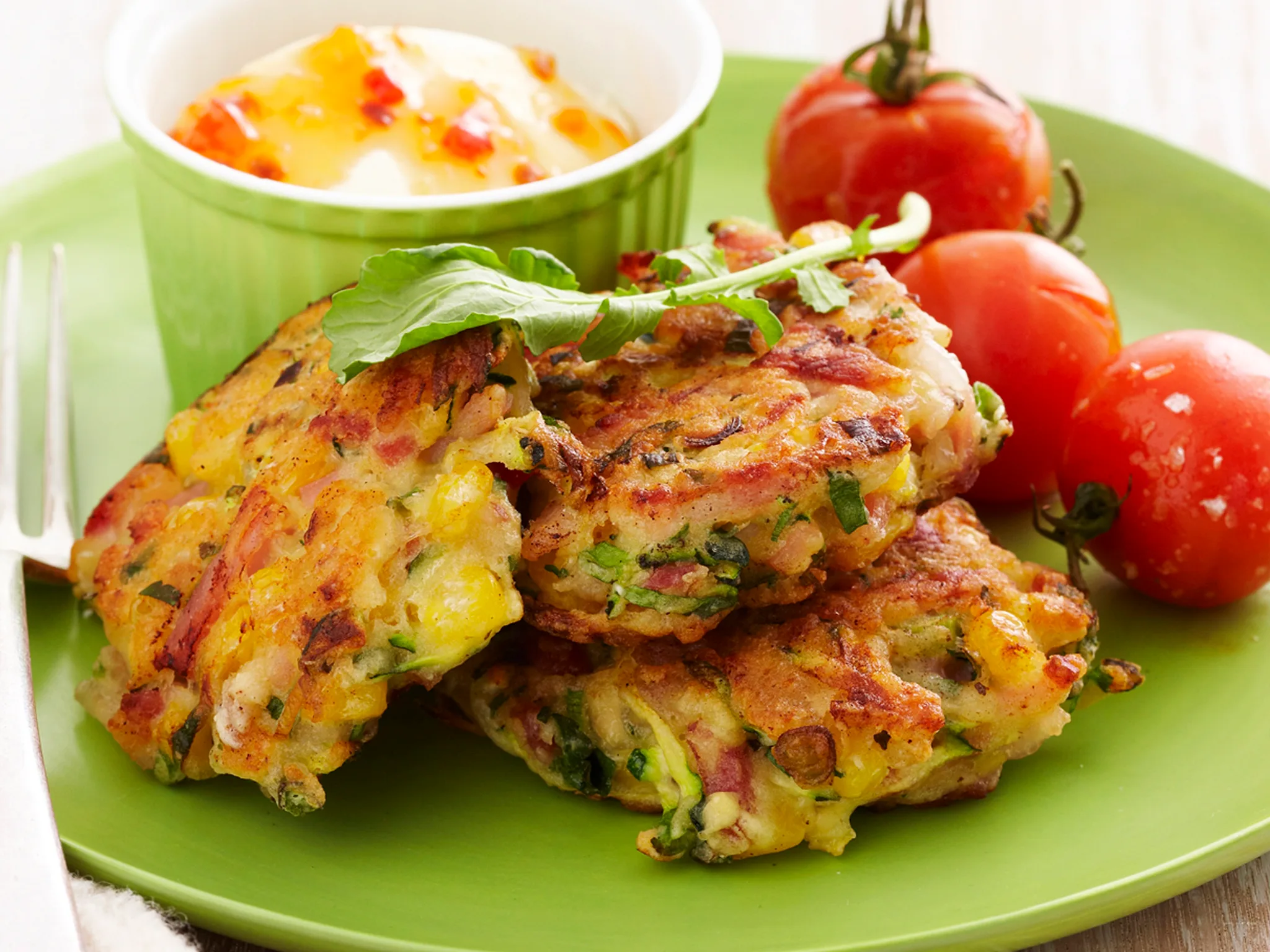 Bacon,zucchini and corn cakes