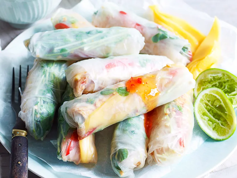 Chicken and mango rice paper rolls