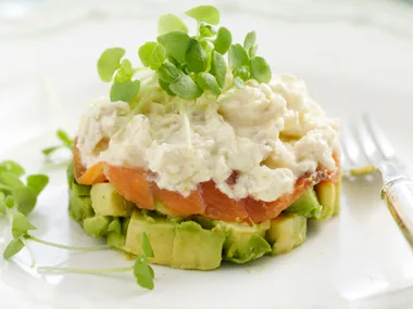 Crab, salmon and avocado stacks