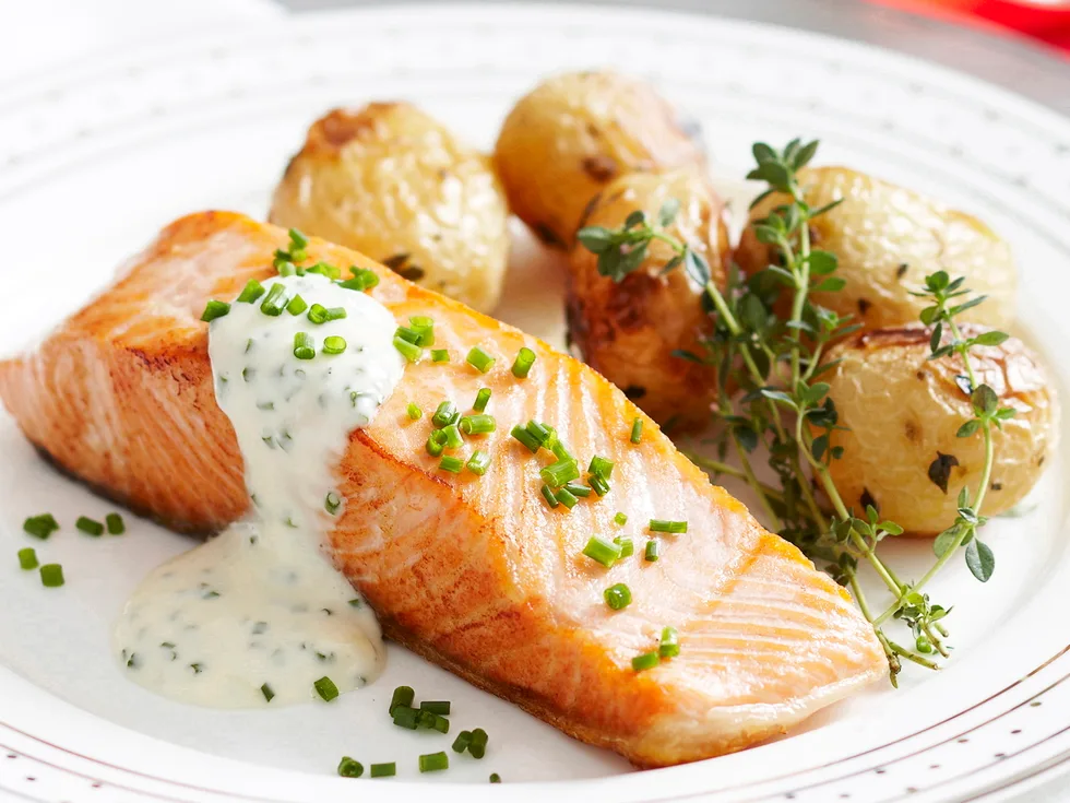 Crispy skin salmon with roasted baby potatoes