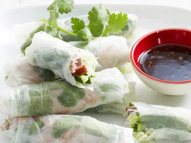 Roast duck rice paper rolls