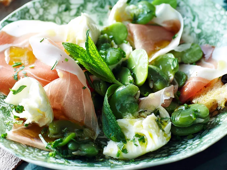 Prosciutto, broad bean and boccocini salad
