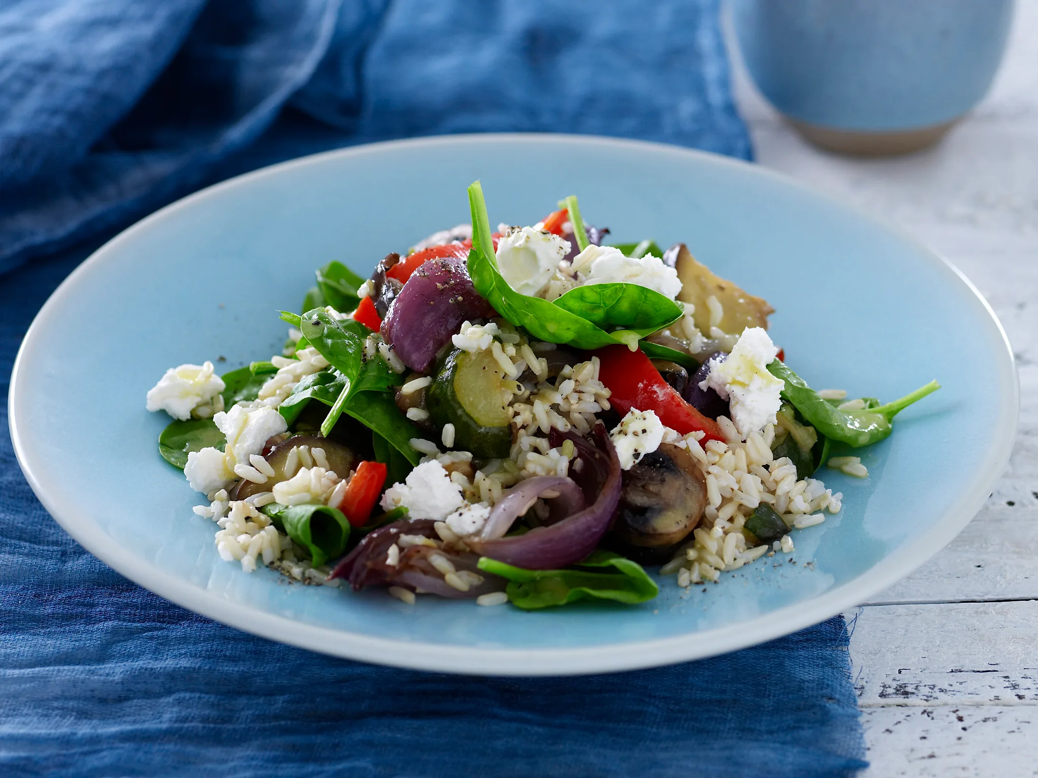 Brown rice, roasted vegetable and goat's cheese salad