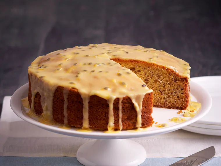 Dairy-free banana cake with passionfruit icing