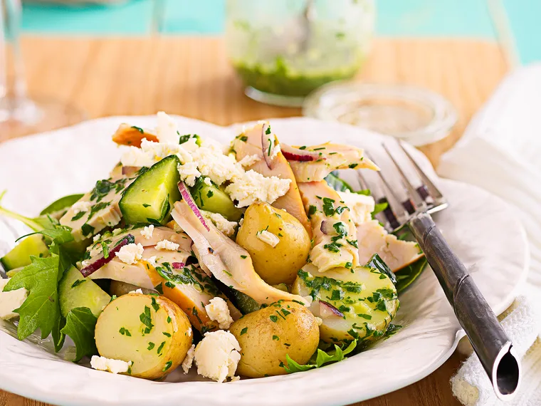 Smoked chicken, potato and feta salad with green sauce