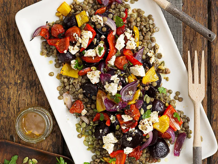 Roasted vegetable and green lentil salad