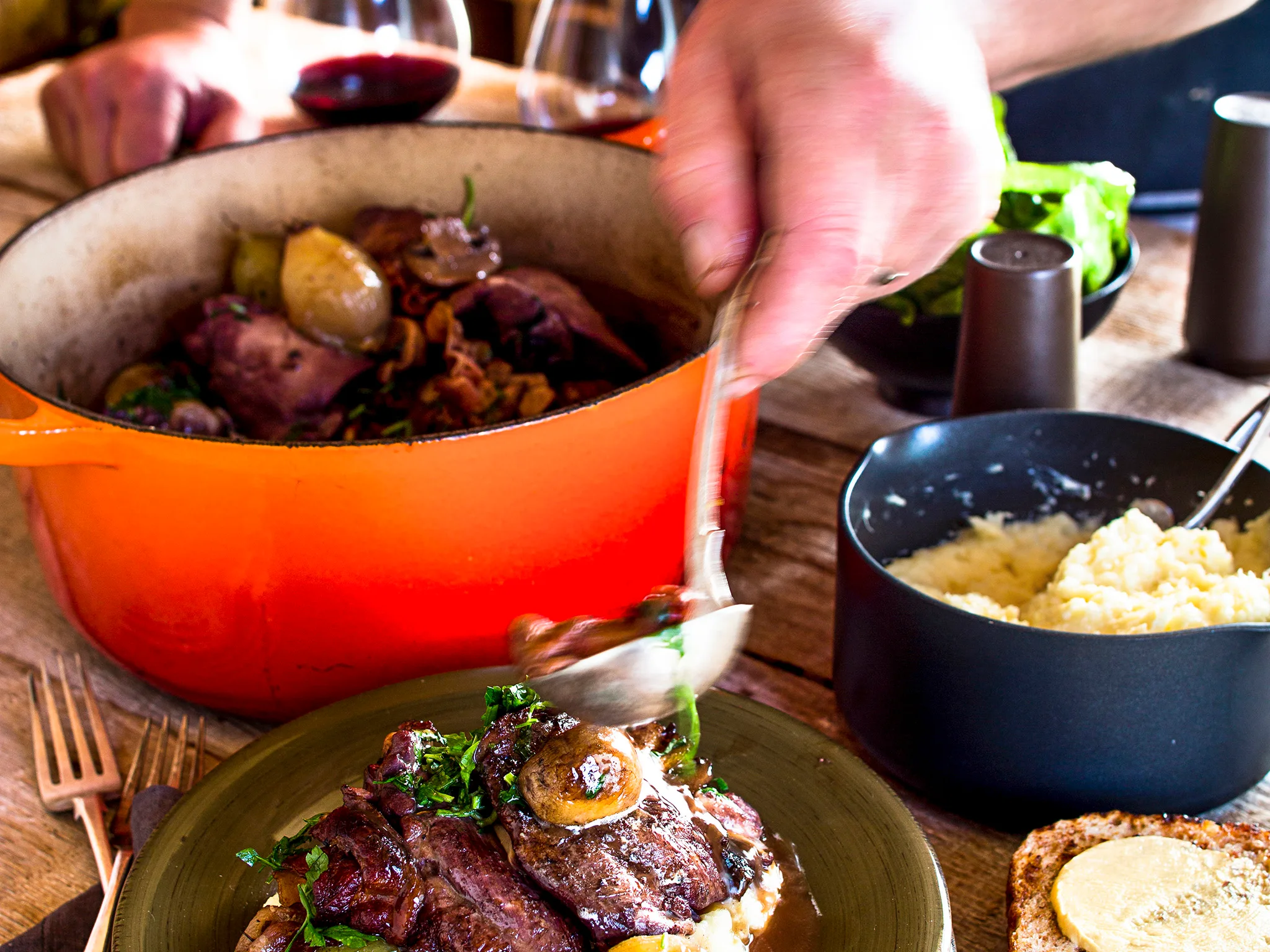Coq au vin with parsnip mash