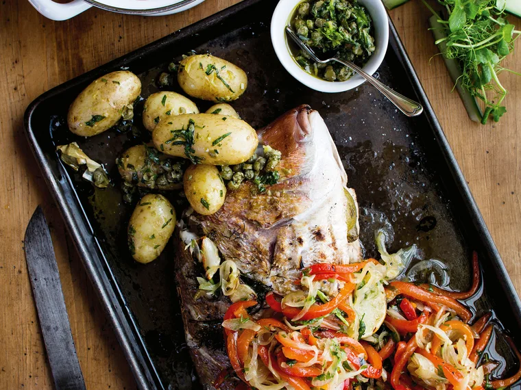 Barbecued whole snapper with peperonata and lil’ perlas