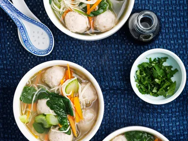 Chicken sausage dumplings in noodle soup