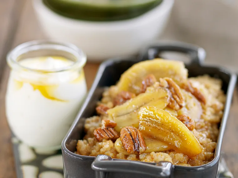 Banoffee caramel rice with honey-glazed bananas and pecans