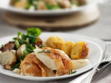 Paprika roast chicken with corn and polenta stuffing