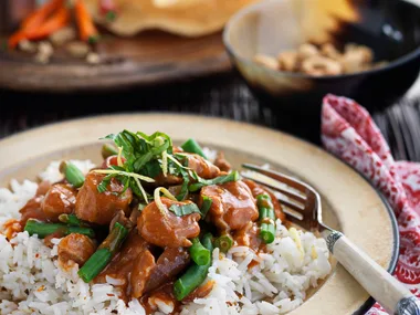 Red curry pork with lemon and basil rice
