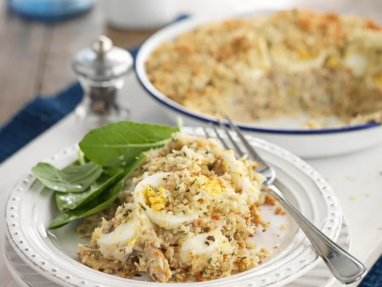 Smoked fish pie with garlic and herb crumbs