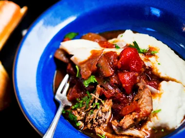 Red wine duck with Jerusalem artichoke puree