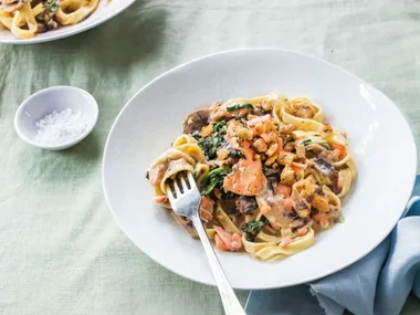 Creamy salmon and mushroom fettuccine with garlic crumbs