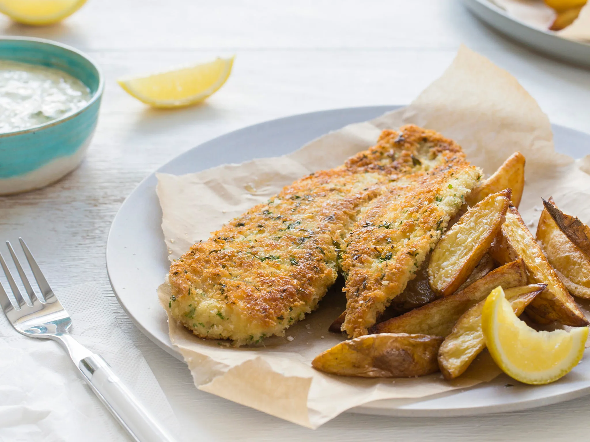 Panko-crumbed fish with crunchy wedges and tartare