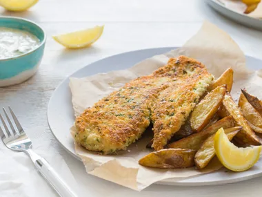 Panko-crumbed fish with crunchy wedges and tartare