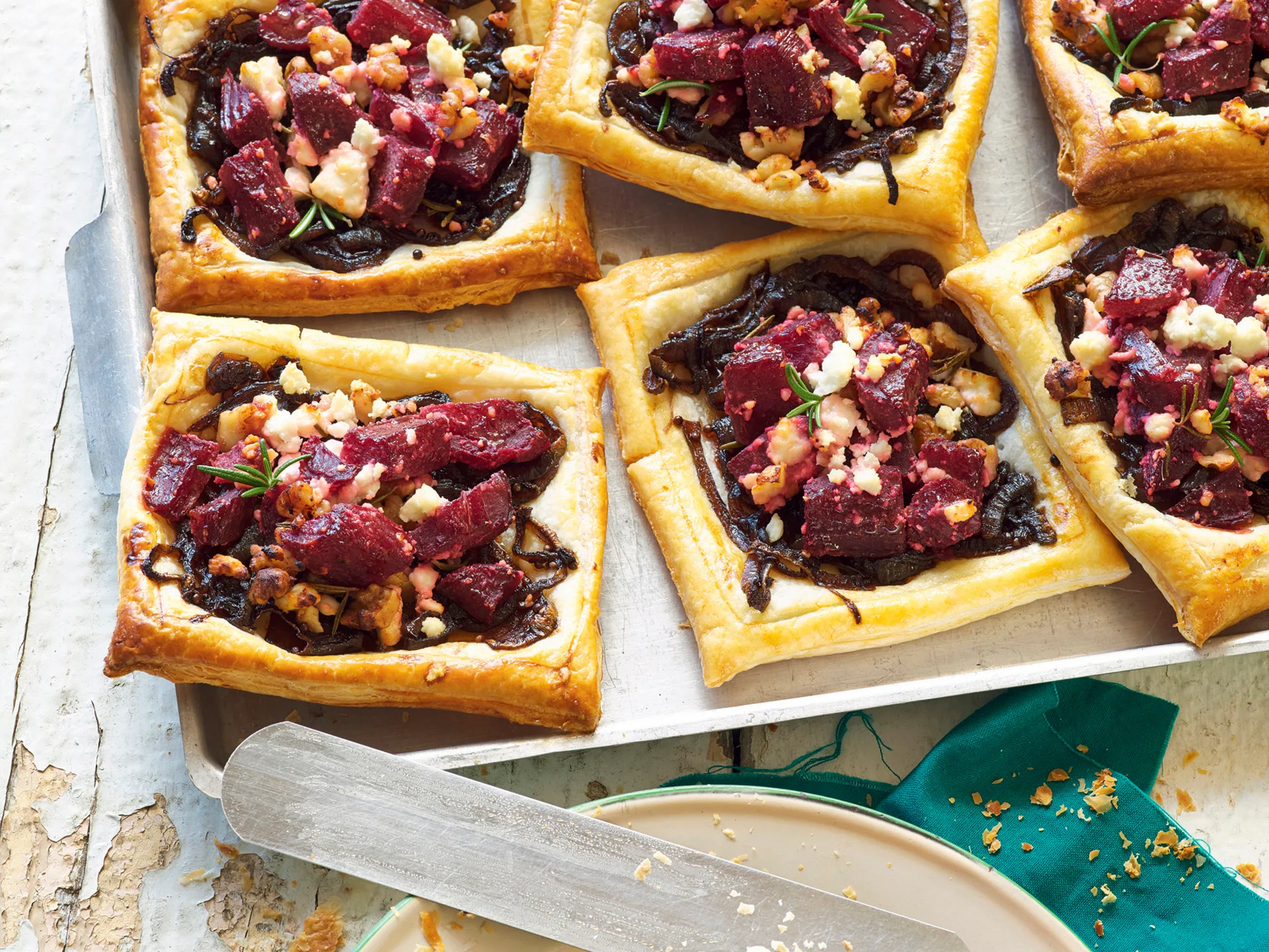 Beetroot, feta and walnut tarts