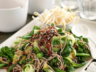 Buckwheat and greens salad with warm sesame dressing